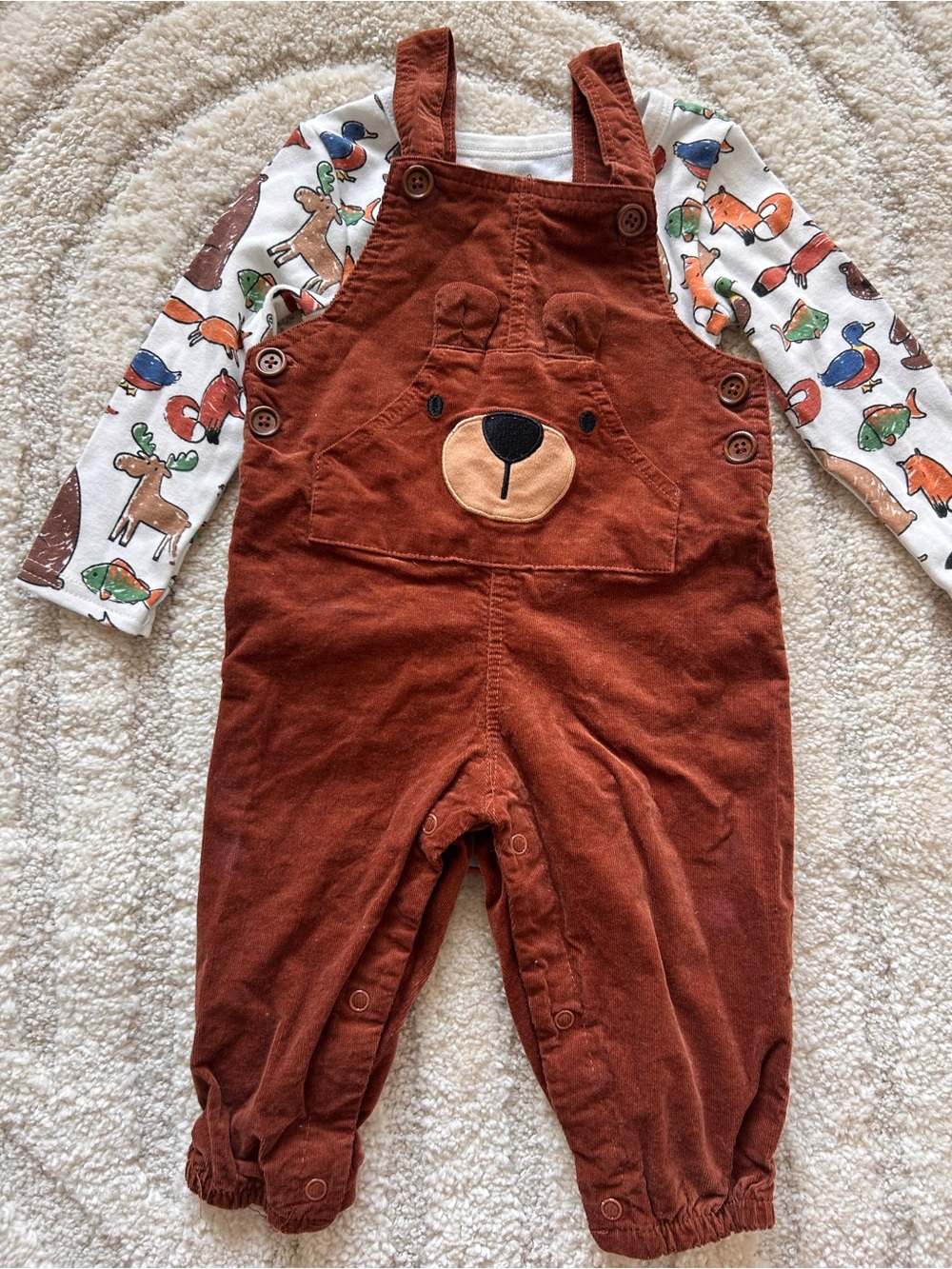 Baby Essentials Bear Overalls Outfit Set 12M NWOT